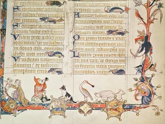 Ilustrace ze žaltáře, zobrazující různé postavy, lžíce, ovce, kentaury a lišku Reynarda